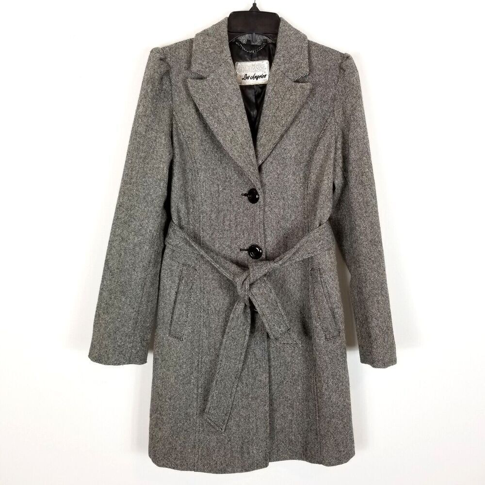 Guess Women Wool Blend  Trench Coat Sz S Black White Speckled Belt Preppy Casual